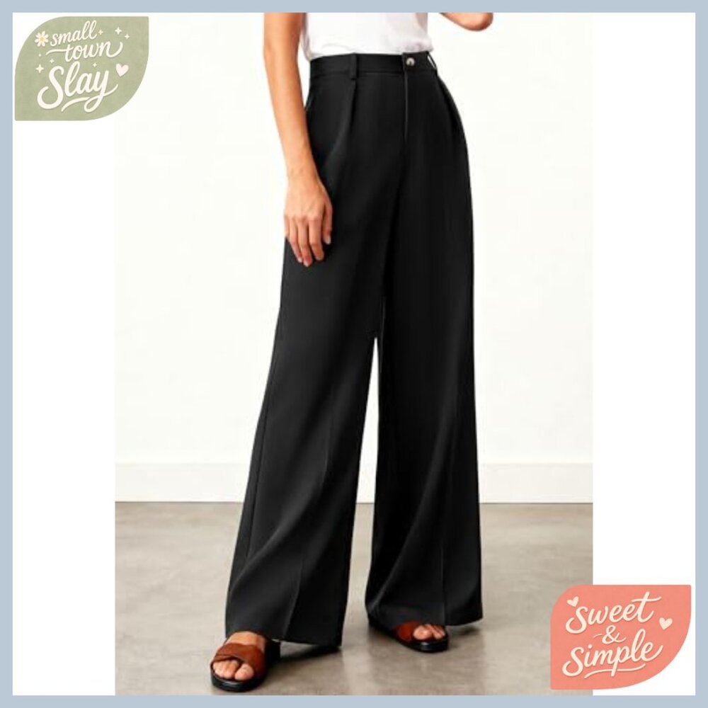 High Waisted Wide Leg Palazzo Pants Business Casual Office Work Trousers - Picture 4 of 7